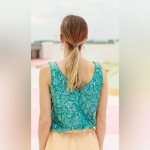 VINTAGE 1960s Sequin Sparkly Embellished Turquoise Top